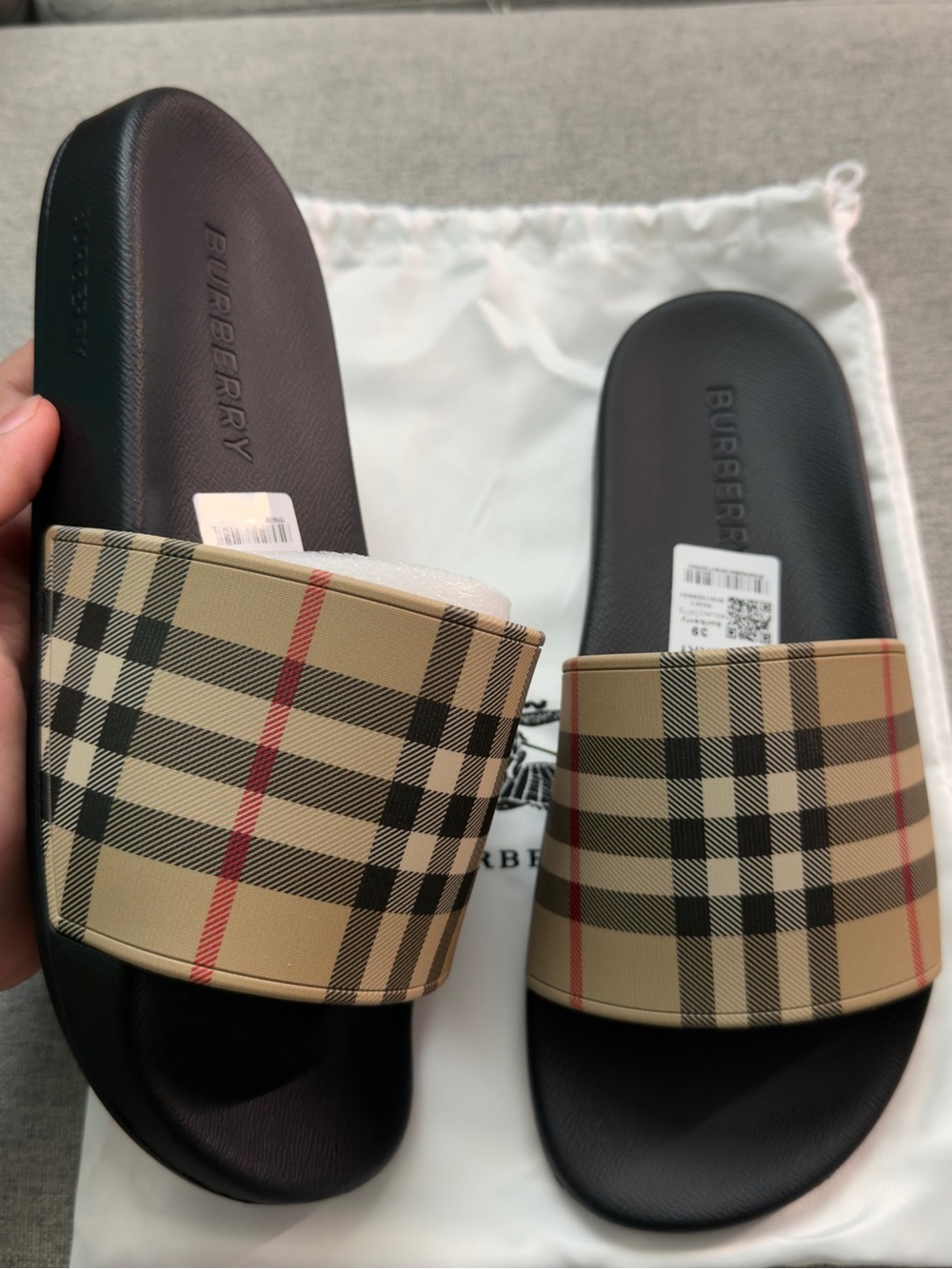 Burberry Black Footbed Beige Vintage Check Slide Sandals Same Day Shipping